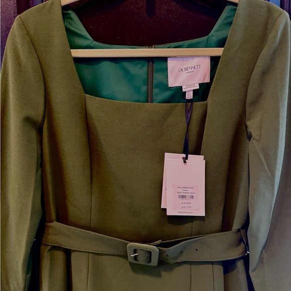 Nordstrom Long Sleeve Designer Belted Midi Dress by L K Bennett. Forest Green. - Picture 5 of 6